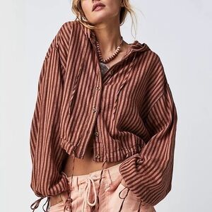 Free People We The Free Stripe New Beginnings Hooded Linen Blend Top
